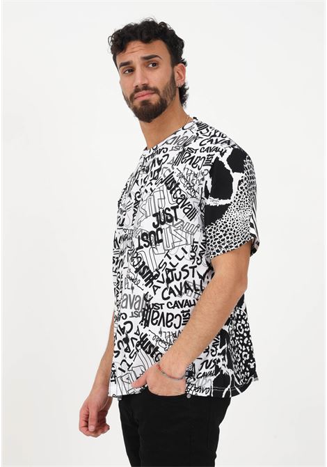 White casual t-shirt for men with logo print on the front and animal print on the back JUST CAVALLI | T-shirt | 74OBH6R5JS182003