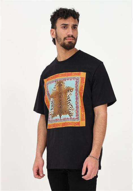 Casual black men's t-shirt with contrasting maxi print JUST CAVALLI | T-shirt | 74OBHF09CJ200899