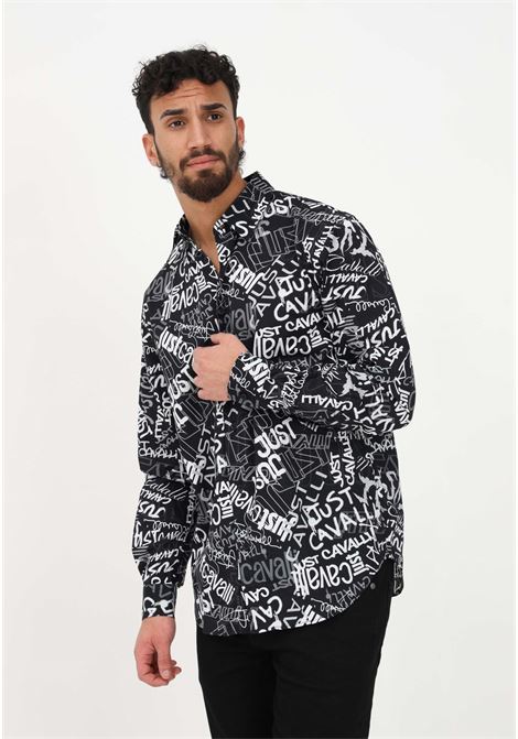 Men's black casual shirt with all-over lettering logo JUST CAVALLI | Shirt | 74OBL2S3NS247899