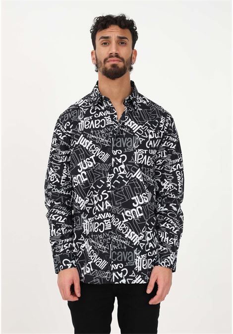 Men's black casual shirt with all-over lettering logo JUST CAVALLI | Shirt | 74OBL2S3NS247899