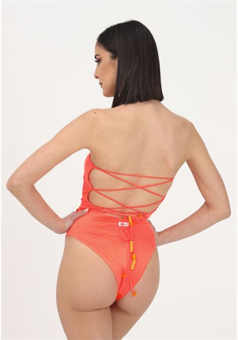 Women's fluo orange one-piece swimsuit laced up on the back with beaded details ME FUI | Beachwear | MF23-0003AR.
