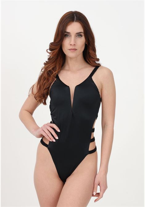Black one-piece swimsuit for women with cut-out details and coralline embroidery ME FUI | Beachwear | MF23-0013NR.