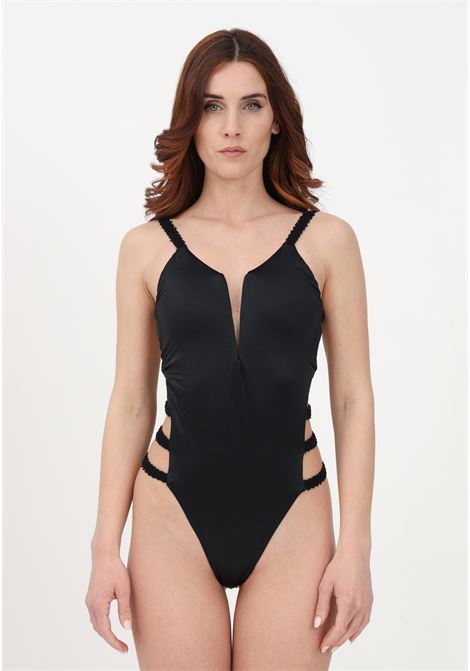 Costume intero nero da donna con dettagli cut-out e ricamo corallini ME FUI | Beachwear | MF23-0013NR.