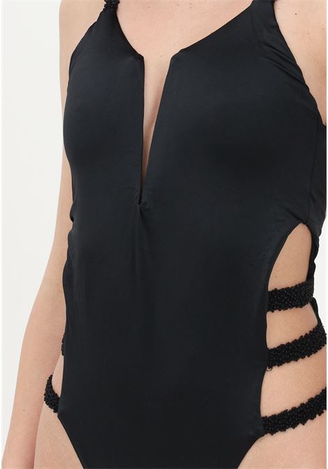 Black one-piece swimsuit for women with cut-out details and coralline embroidery ME FUI | Beachwear | MF23-0013NR.