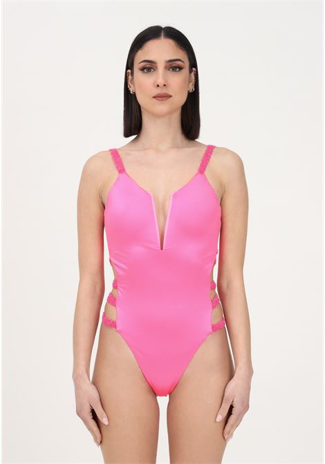 Fluo fuchsia one-piece swimsuit for women with cut-out details and coralline embroidery ME FUI | Beachwear | MF23-0013RF.