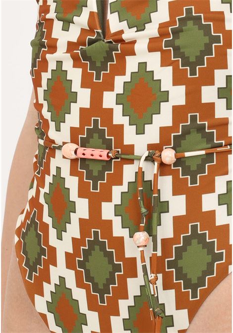 Women's beige one-piece swimsuit with contrasting pattern ME FUI | Beachwear | MF23-0372X1.