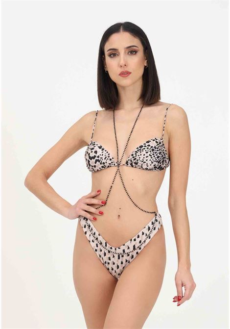 Bikini beige da donna con fantasia animalier e body chain ME FUI | Beachwear | MF23-0502X1.