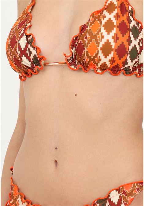 Bikini arancione da donna con fantasia astratta e arricciature ME FUI | Beachwear | MF23-1520U.