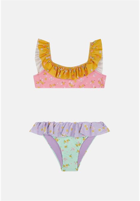 Multicolor girl's bikini with color block motif and small flower print ME FUI | Beachwear | MJ23-0301X1.