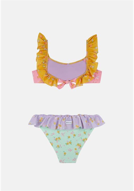 Bikini multicolor da bambina con motivo color block e stampa a fiorellini ME FUI | Beachwear | MJ23-0301X1.