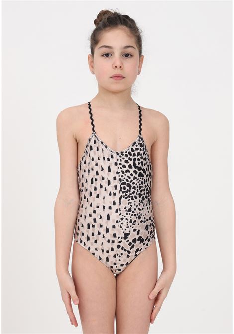 Beige girl's one-piece swimsuit in patterned opaque lycra fabric ME FUI | Beachwear | MJ23-0602X1.