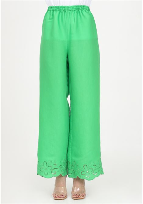 Pantalone elegante verde laminato da donna con ricamo sul fondo MOSCHINO BOUTIQUE | Pantaloni | A031108260395