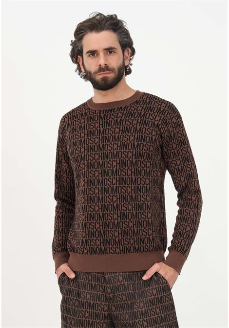 Brown crew-neck sweater for men with all-over lettering logo MOSCHINO | Knitwear | 09012600A1103