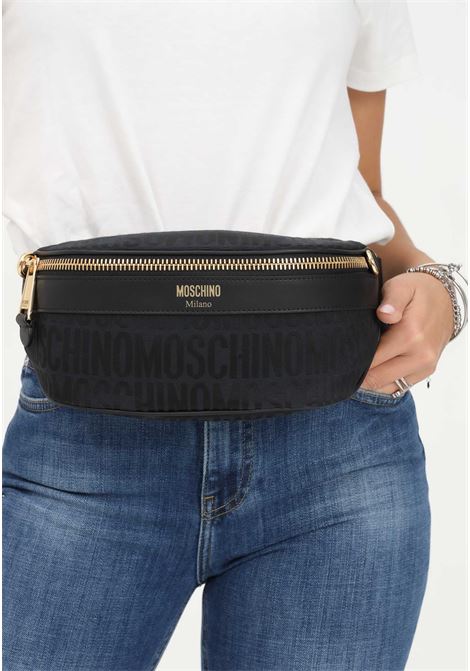Black pouch for men and women with tone-on-tone all-over lettering logo MOSCHINO | Bag | 77018268A1555