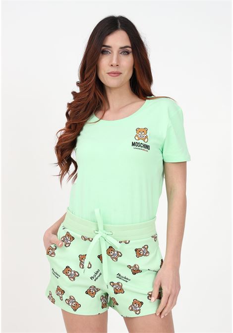 Green casual shorts for women with teddy bear print and all over logo MOSCHINO | Shorts | A680244161449
