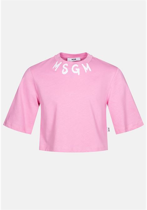 T-shirt casual rosa da bambina con logo al collo e taglio crop MSGM | T-shirt | MS029339042
