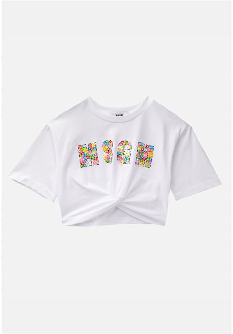 T-shirt casual bianca da bambina con effetto annodatura e logo ricamato con perline MSGM | T-shirt | MS029455001