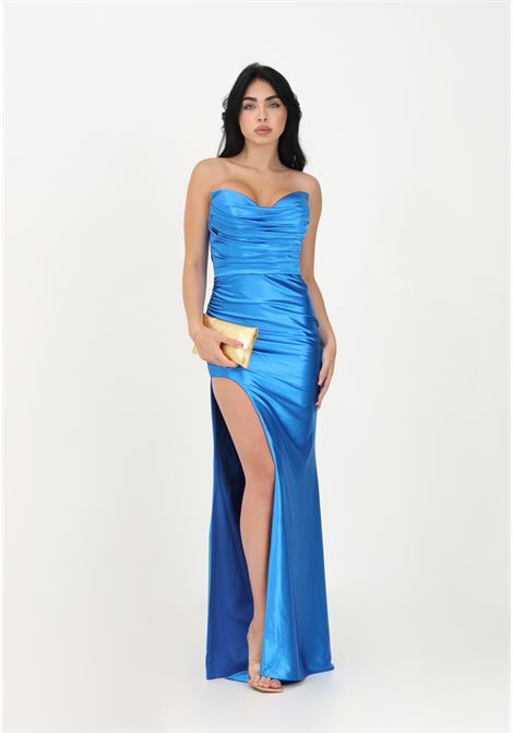 Women's light blue long dress in shiny satin NICOLETTA | Dress | NC1015BLUE