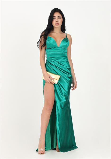 Long green women's dress in shiny satin NICOLETTA | Dress | NP166GREEN