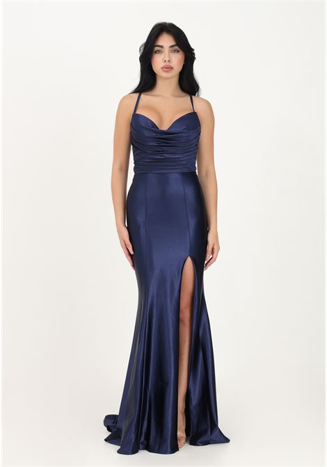 Long blue women's dress in shiny satin NICOLETTA | Dress | NP180MIDNIGHT