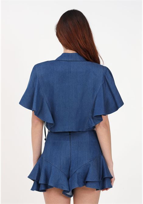 Shorts casual in denim blu da donna con rouche e bottoni gioiello ODI ET AMO | Shorts | A090X1BLUE DENIM