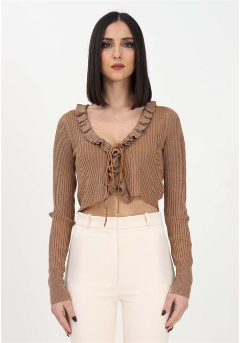 Women's beige ribbed cardigan with lurex inserts ONLY | Cardigan | 15282263TOBACCO BROWN