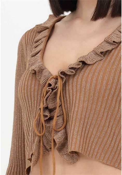 Women's beige ribbed cardigan with lurex inserts ONLY | Cardigan | 15282263TOBACCO BROWN