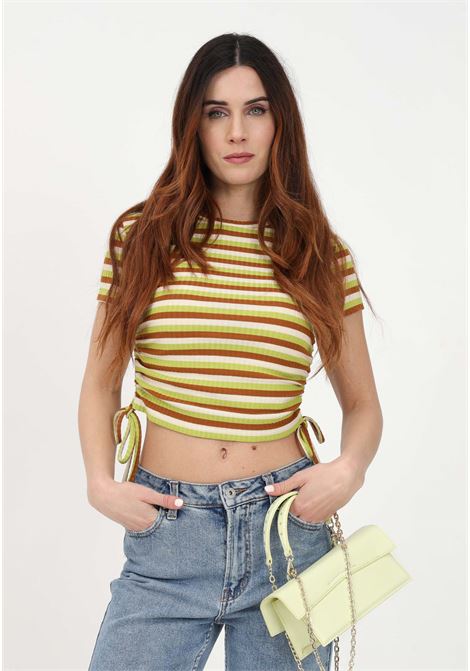 Women?s multicolor casual t-shirt with striped pattern and laces on the bottom  ONLY | T-shirt | 15284982CELERY GREEN