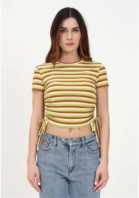 Women?s multicolor casual t-shirt with striped pattern and laces on the bottom  ONLY | T-shirt | 15284982CELERY GREEN
