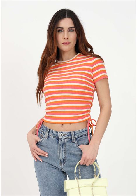 Women?s multicolor casual t-shirt with striped pattern and laces on the bottom ONLY | T-shirt | 15284982FLAME