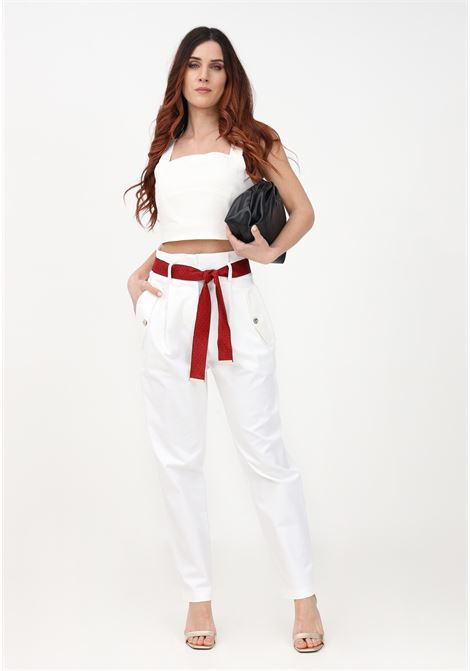 Pantalone elegante bianco da donna con cintura logata PINKO | Pantaloni | 100640-A0IKZ05