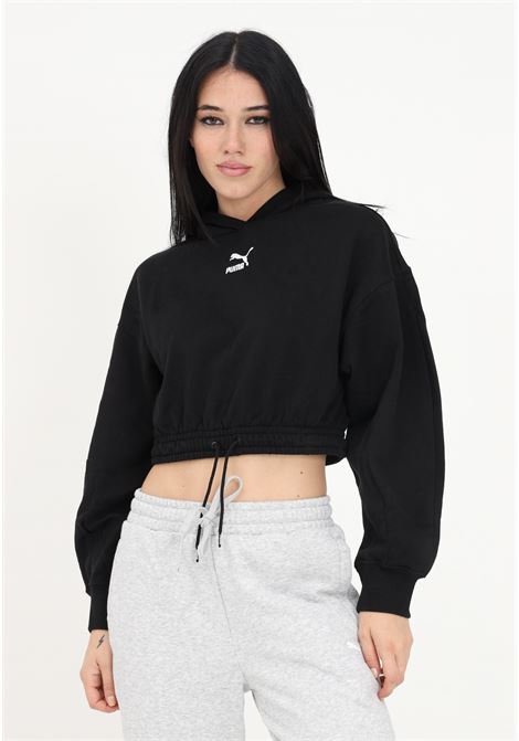 Women's black crop sweatshirt with hood and logo embroidery PUMA | Sweatshirt | 53568301