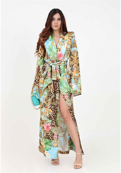 Light blue kimono dress for women with jungle pattern SHIT | SH23043BLU JUNGLE