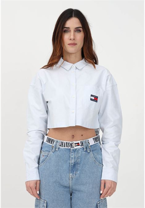 Camicia casual bianca da donna a righe con patch logo TOMMY HILFIGER | Camicie | DW0DW15040YBRYBR