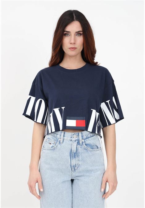 T-shirt casual blu da donna con taglio crop e logo oversize TOMMY HILFIGER | T-shirt | DW0DW15460C87C87