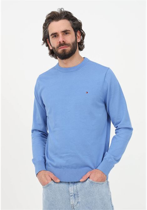 Men's light blue crew-neck sweater with logo embroidery TOMMY HILFIGER | Knitwear | MW0MW21316C35C35