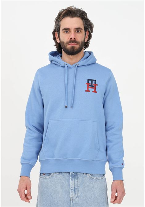 Light blue sweatshirt for men with hood and TH monogram logo embroidery TOMMY HILFIGER | MW0MW28677C35C35