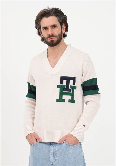 Men's beige sweater with V-neck and TH monogram logo TOMMY HILFIGER | Knitwear | MW0MW29026AF4AF4