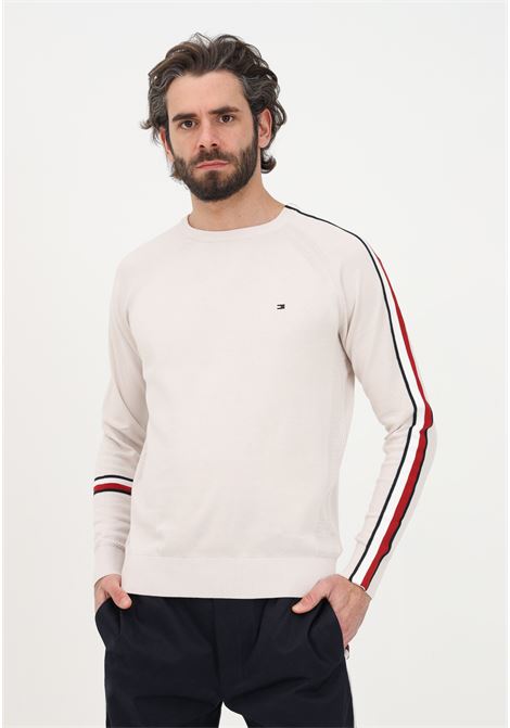 Beige crew-neck sweater for men with logo and contrasting details TOMMY HILFIGER | Knitwear | MW0MW29038AF4AF4