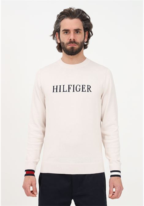 Men's beige crew-neck sweater with lettering logo TOMMY HILFIGER | Knitwear | MW0MW29045AF4AF4