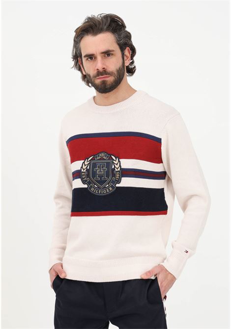 Men's beige crew-neck sweater with logo embroidery TOMMY HILFIGER | Knitwear | MW0MW29050AF4AF4