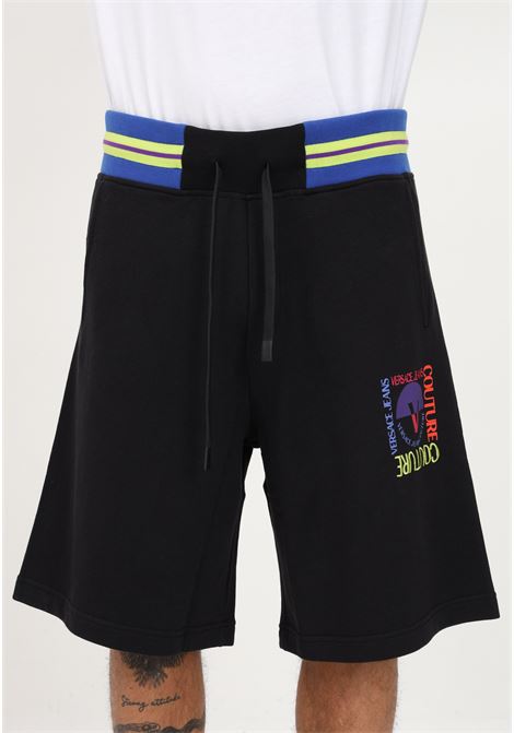 Black casual shorts for men with multicolor logo print and contrasting waistband VERSACE JEANS COUTURE | Shorts | 74GADF04CF02F899899