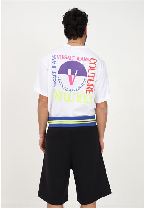 Shorts casual nero da uomo con stampa logo multicolor e girovita a contrasto VERSACE JEANS COUTURE | Shorts | 74GADF04CF02F899899