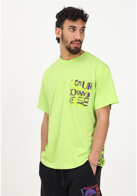 Casual fluo green men's t-shirt with Logo Couture pattern on the back and on the pocket VERSACE JEANS COUTURE | T-shirt | 74GAH6R2JS167110