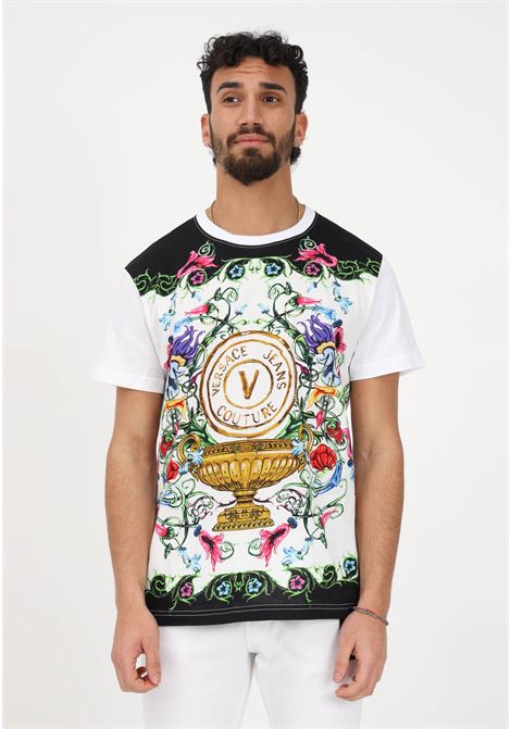 Men's white casual T-shirt with V-Emblem Garden logo print VERSACE JEANS COUTURE | T-shirt | 74GAH6SGJS174G03