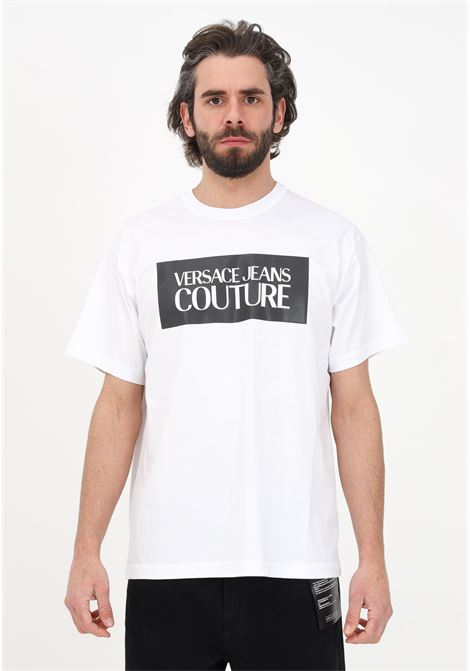 T-shirt casual bianca da uomo con logo lettering frontale VERSACE JEANS COUTURE | T-shirt | 74GAHF07CJ03F003