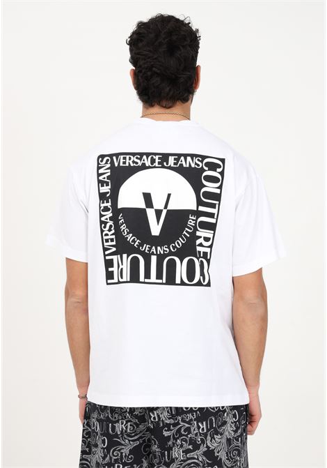 Men's white casual T-shirt with V-Emblem logo print VERSACE JEANS COUTURE | T-shirt | 74GAHT15CJ00O003