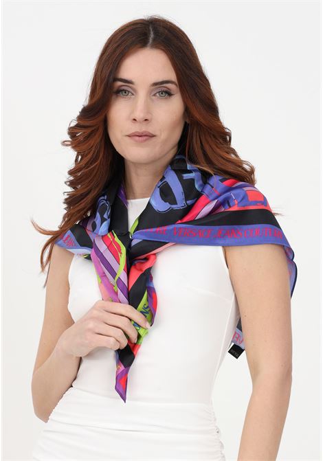 Black silk scarf for women with multicolor logo print VERSACE JEANS COUTURE | Scarfs | 74HA7H02ZG157M09