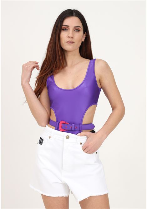 Purple leotard for women with baroque buckle and side cut-out details VERSACE JEANS COUTURE | Body | 74HAM233J0062307