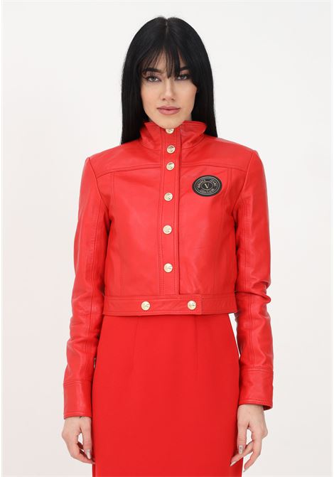 Women's red leather jacket with logo patch VERSACE JEANS COUTURE | 74HAVP00CP009521